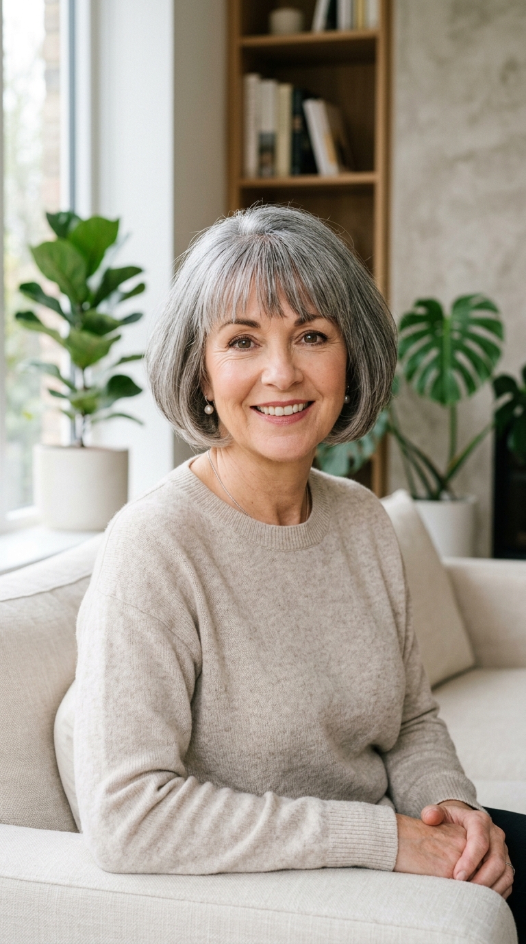 Rounded Bob with Eyebrow-Grazing Bangs