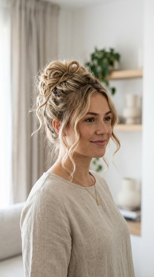 Sandy Blonde Messy Bun with Tendrils