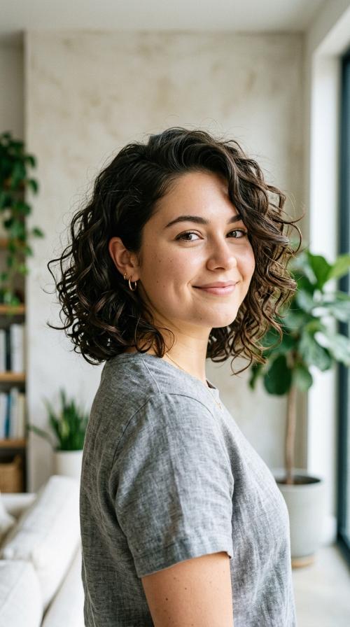 Side-Swept Curly Pixie-Lob