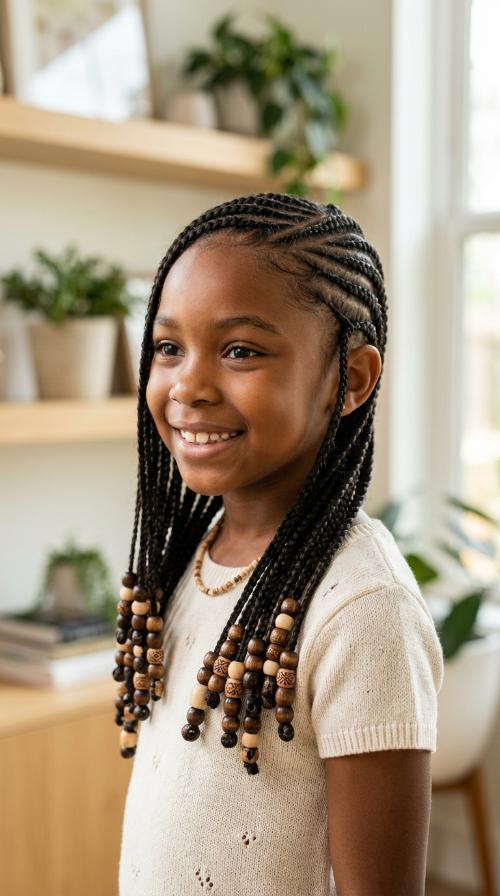 Side-Swept Feed-in Braids with Wooden Beads