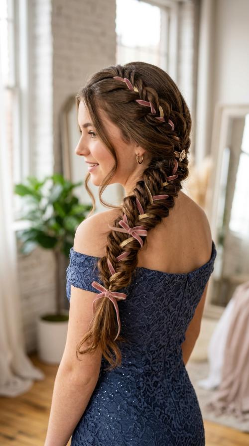 Side-Swept Fishtail Braid with Ribbon Accents