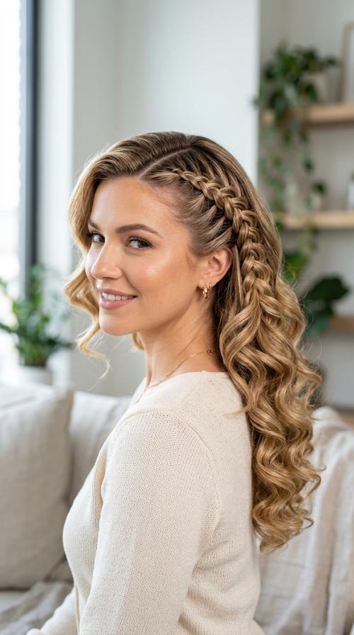 Side-Swept French Braid with Hollywood Glam Curls