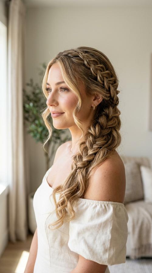 Side-Swept Lace Braid with Waves