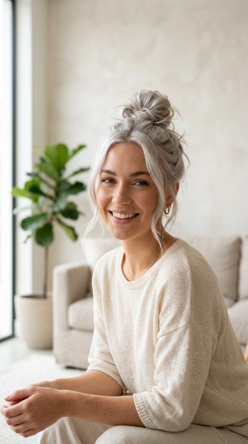 Silver Blonde Messy Top Knot Ready