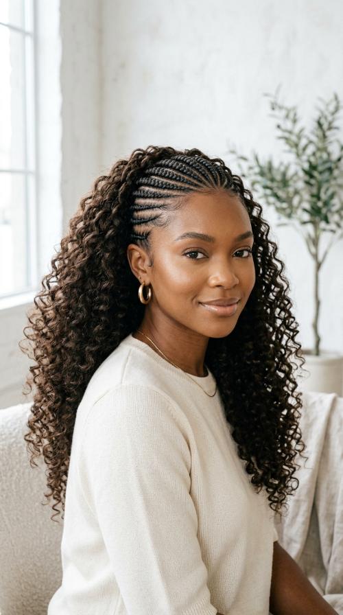 Sleek Cornrows with High Volume Voluminous Curls