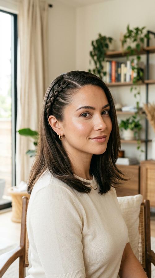 Sleek Deep Part with Braided Accent