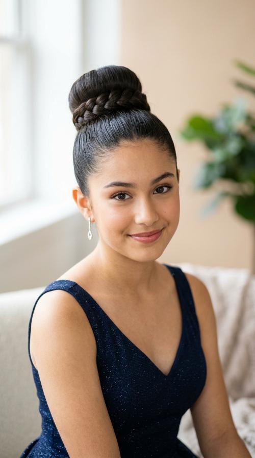 Sleek High Bun with a Braided Base