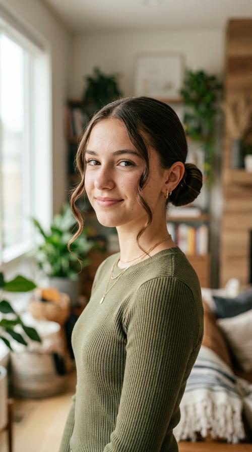 Sleek Low Bun with Face-Framing Tendrils