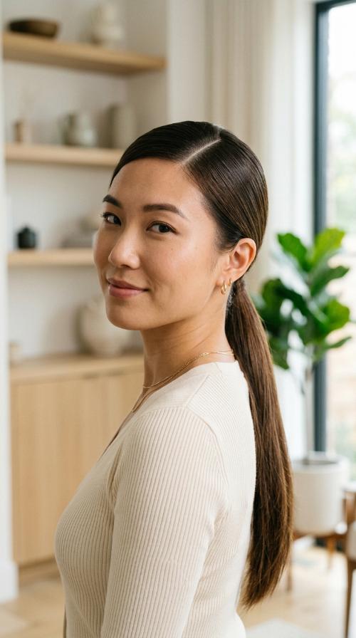 Sleek Low Ponytail with a Deep Side Part