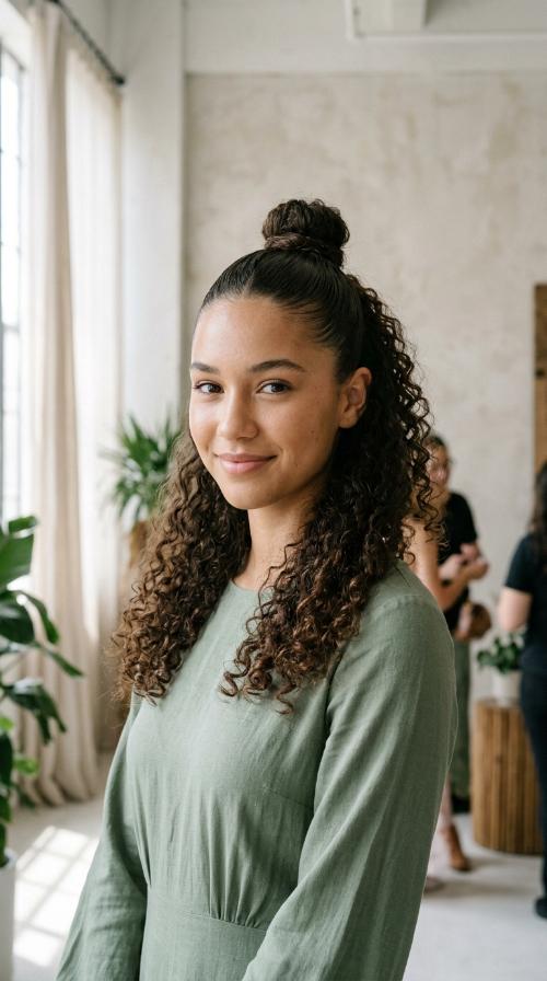 Sleek Top Knot with Natural Curls