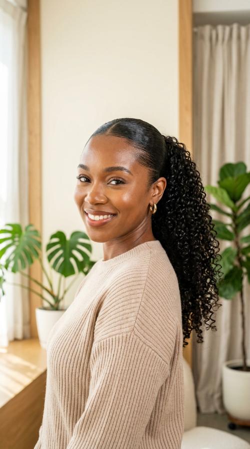 Slicked-Back Curly Ponytail