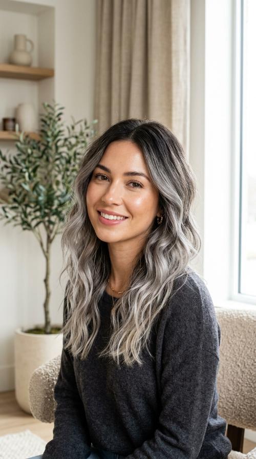 Smoky Silver Balayage for Dark Hair