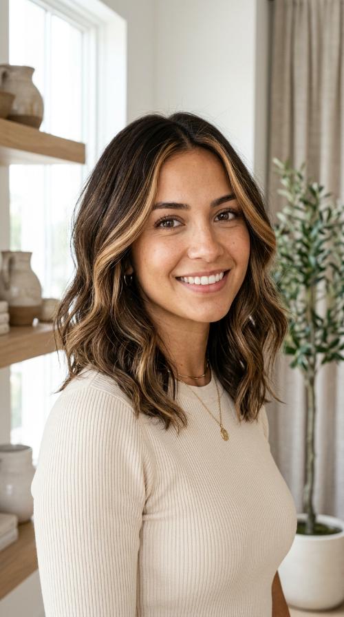Soft Caramel Face-Framing on Brunette Base