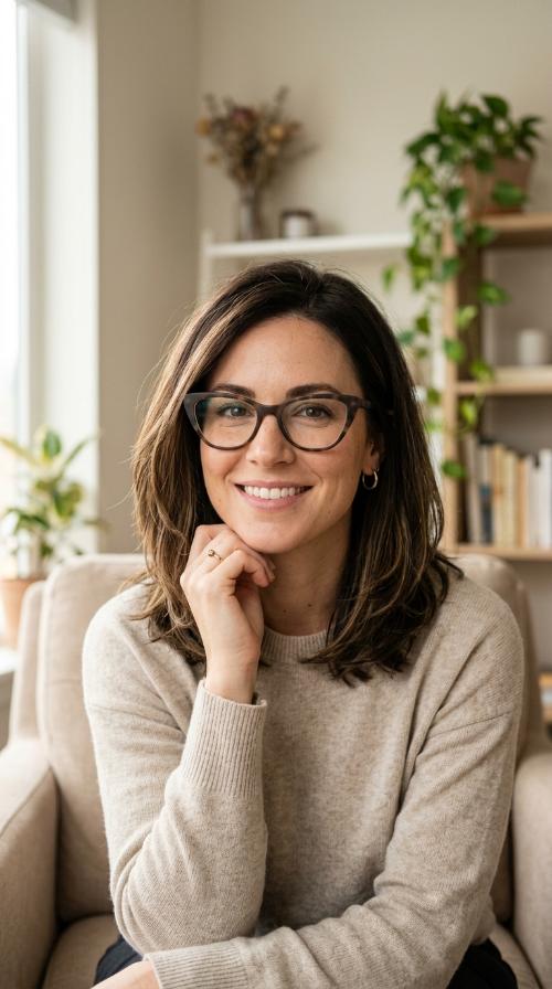 Soft Layered Lob with Cat-Eye Frames
