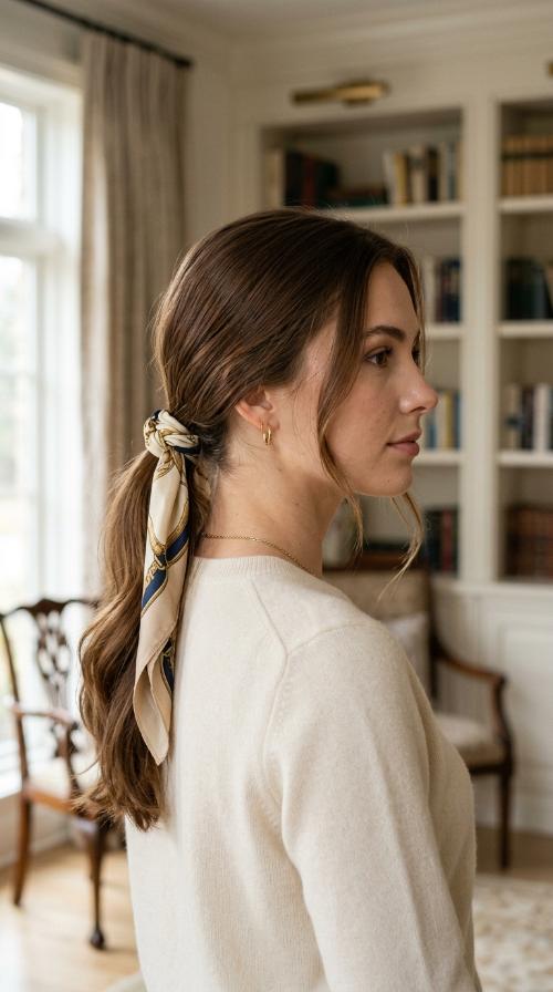 Sophisticated Low Ponytail with Scarf