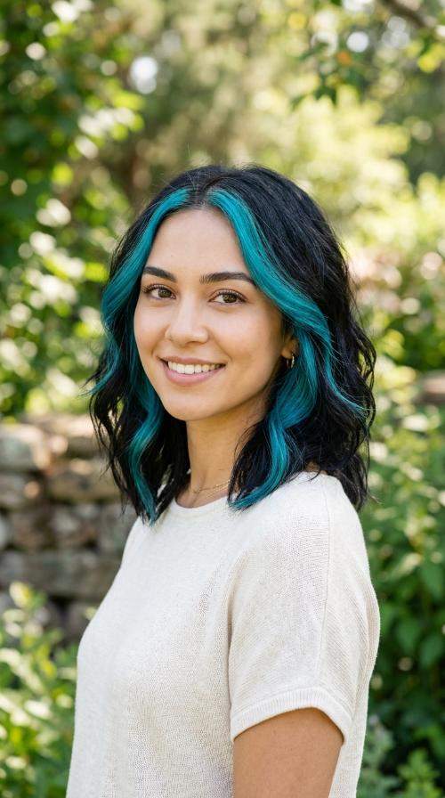 Teal Blue Money Piece on Raven Hair