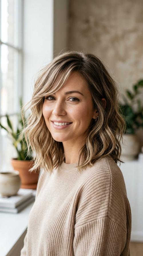 Textured Lob with Sweeping Bangs