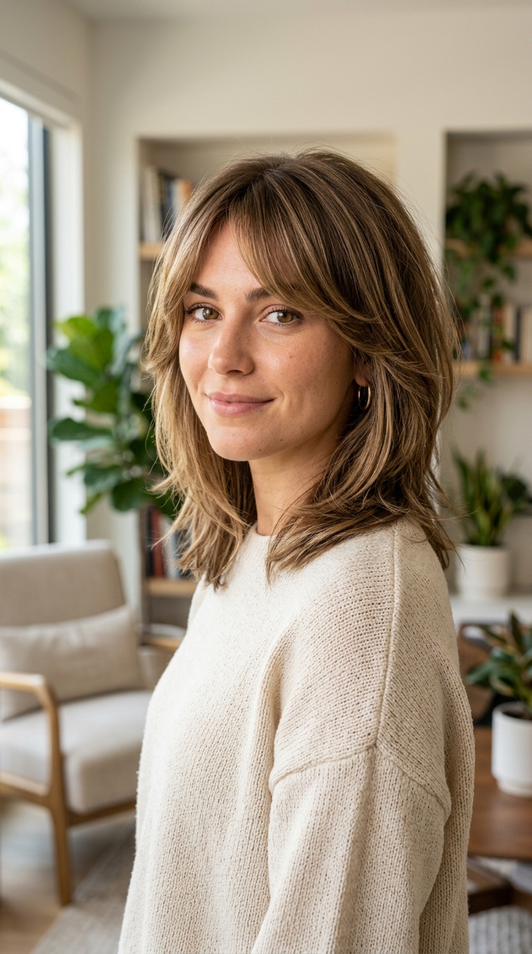 The Layered Lob with Side-Swept Fringe