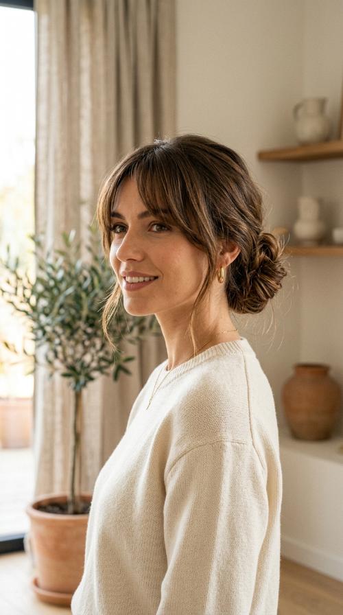 The Low Bun with Face-Framing Curtain Bangs