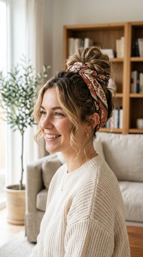 The Scarf-Wrapped Messy Bun