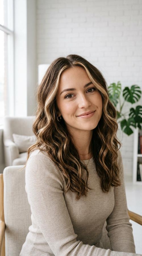 Toffee Highlights on Wavy Mid-Length Cut
