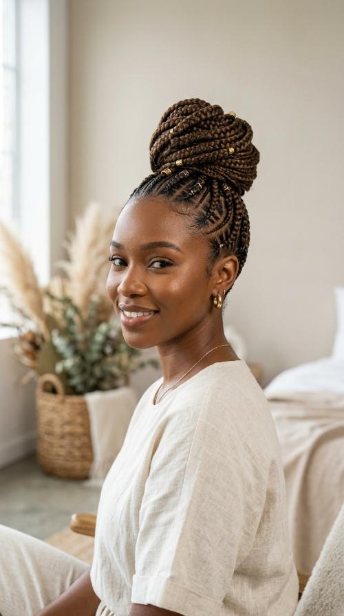 Tribal Braids with a High Wrapped Bun