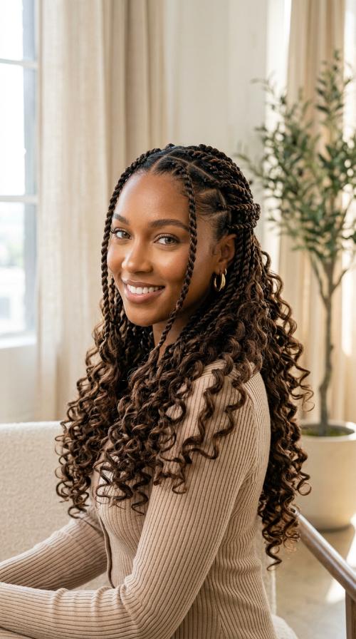 Twisted Rope Braids with Voluminous Wand Curls