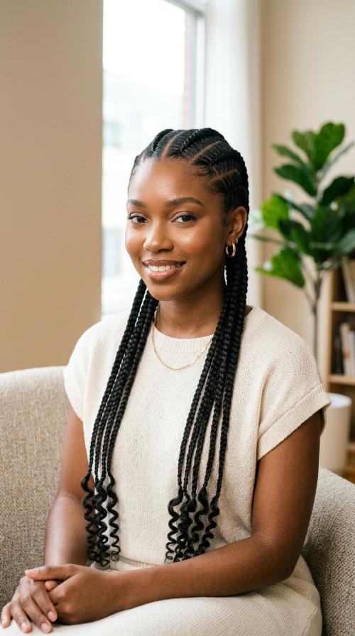 Two Long Cornrows with Zig-Zag Parting