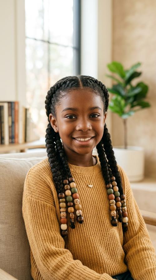 Two Low Pigtail Braids with Earth Tones
