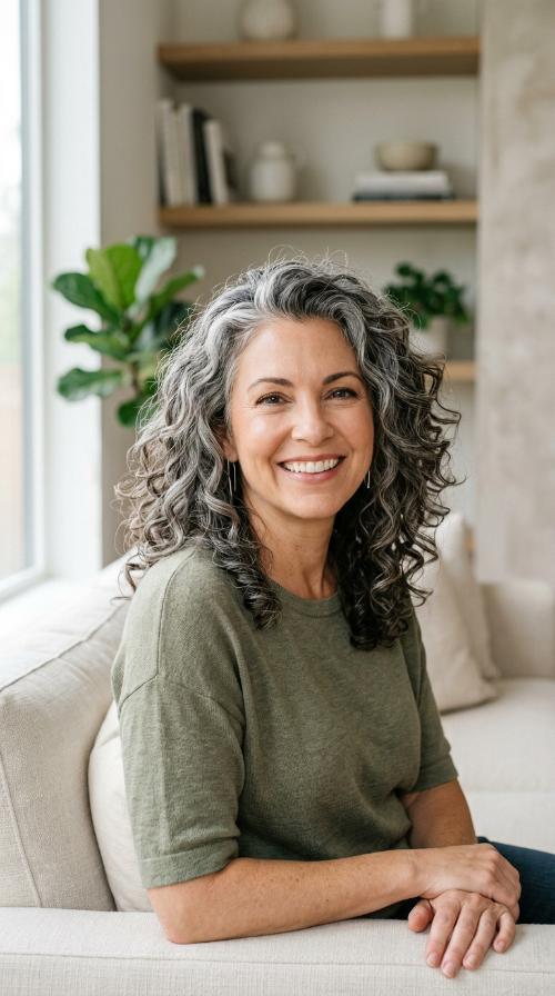 Voluminous Curls with Gray Balayage