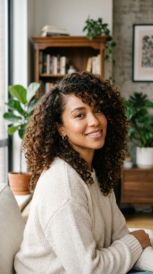 Voluminous Curls with Side-Parted Bangs