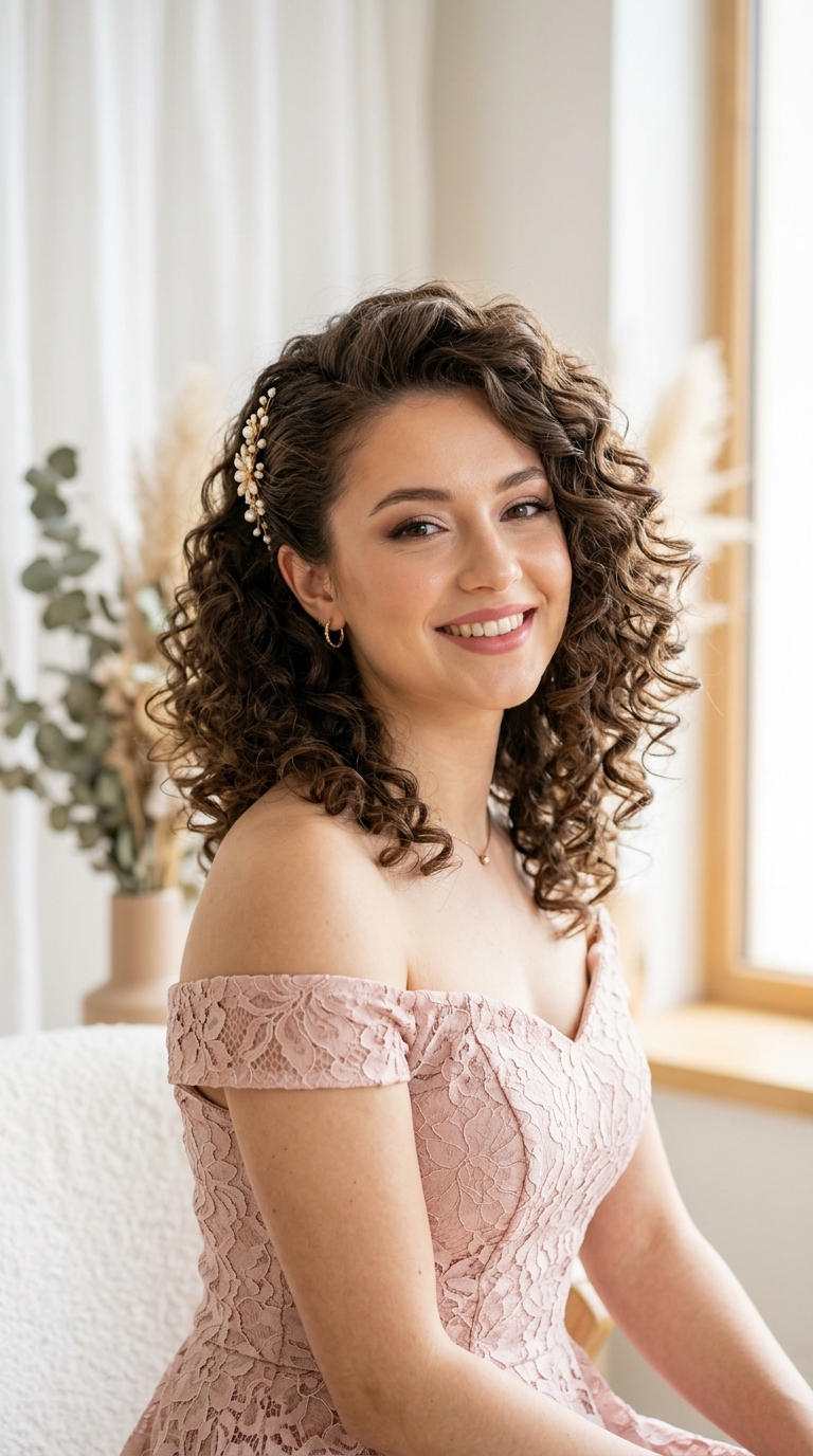 Voluminous Curls with Side Sweep