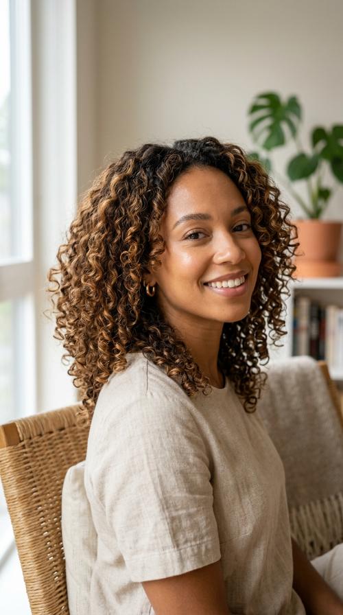 Warm Amber Highlights for Curly Textures