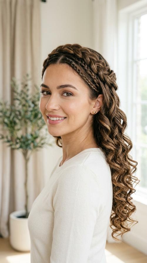 Waterfall Braid Crown with Cascading Spiral Curls