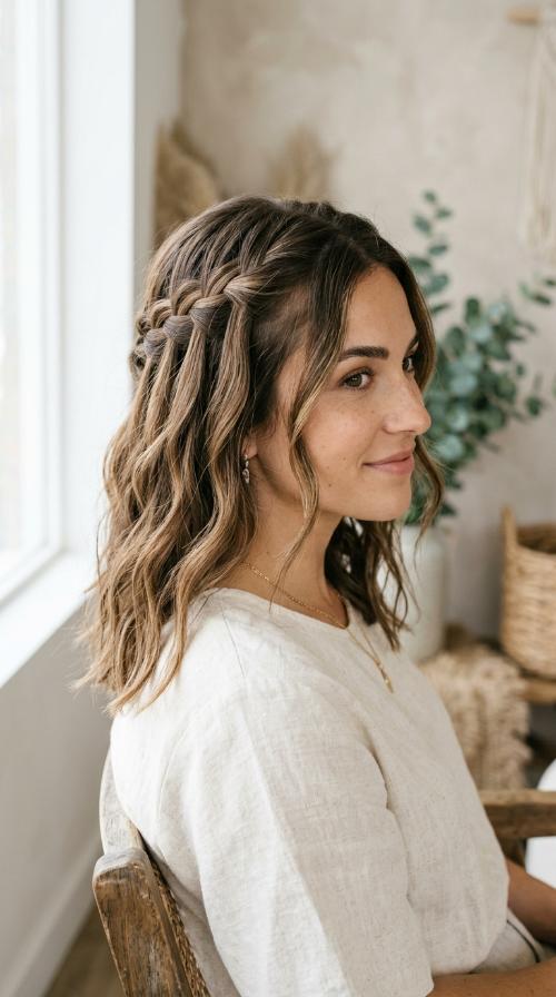 Waterfall Braid on Tousled Mid-Length Hair