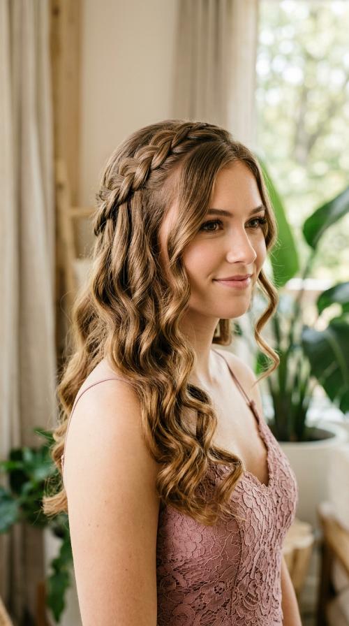 Waterfall Braid with Voluminous Curls