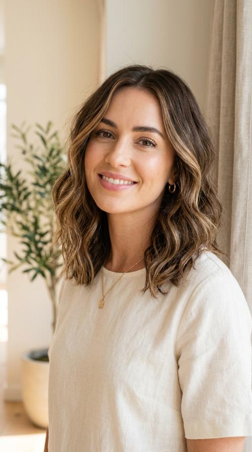Wavy Brunette Lob with Face-Framing Highlights
