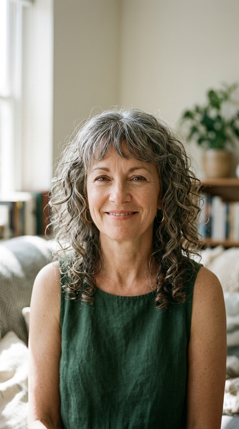 Wispy Curly Fringe with Mid-Length Cut