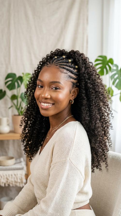 Zig-Zag Part Braids with Textured Afro Curls