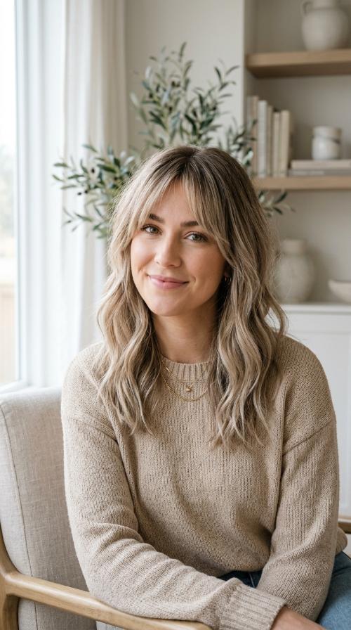 Ash Blonde Balayage with Bottleneck Bangs