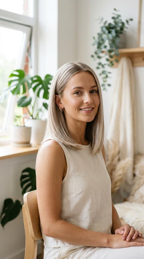 Ash Blonde Sleek Shoulder-Length Cut