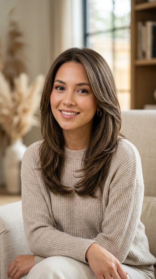 Ash Brown Mid-Length Cut with Soft Seamless Layers