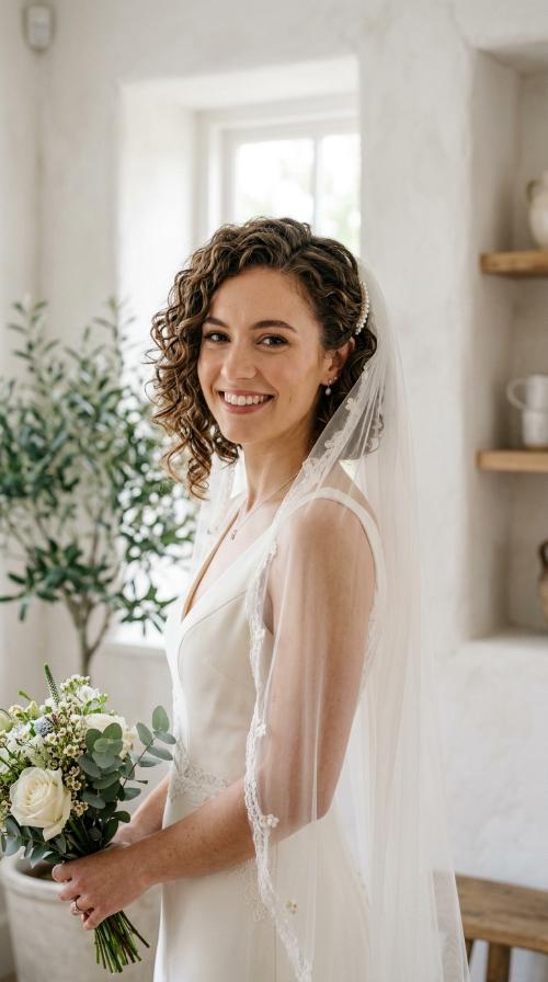 Asymmetrical Curly Bob with Veil