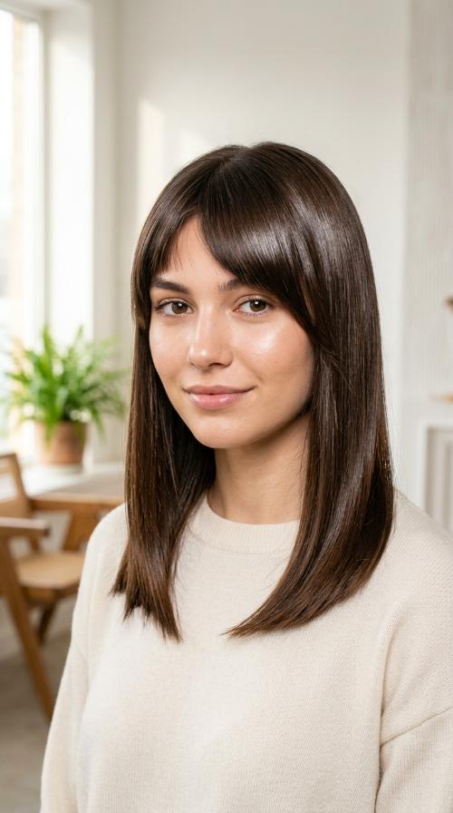 Asymmetrical Fringe with Sleek Glass Hair Finish