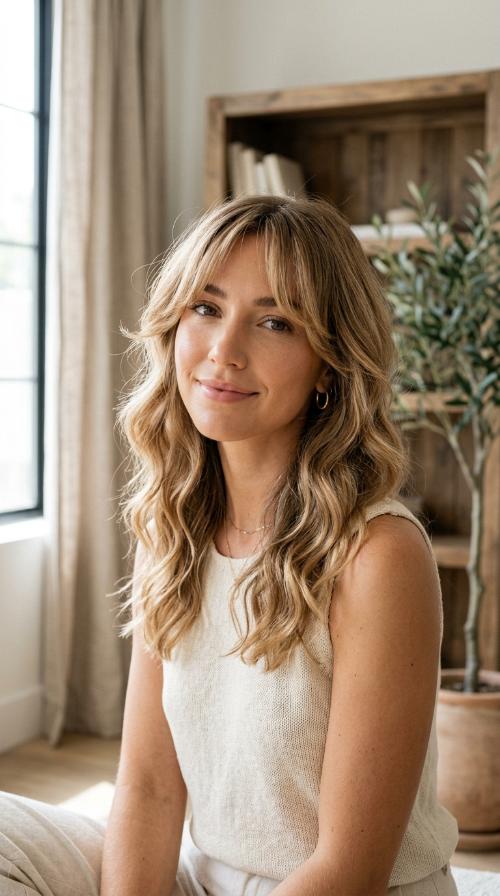 Bardot-Inspired Curtain Bangs with Mid-Length Waves