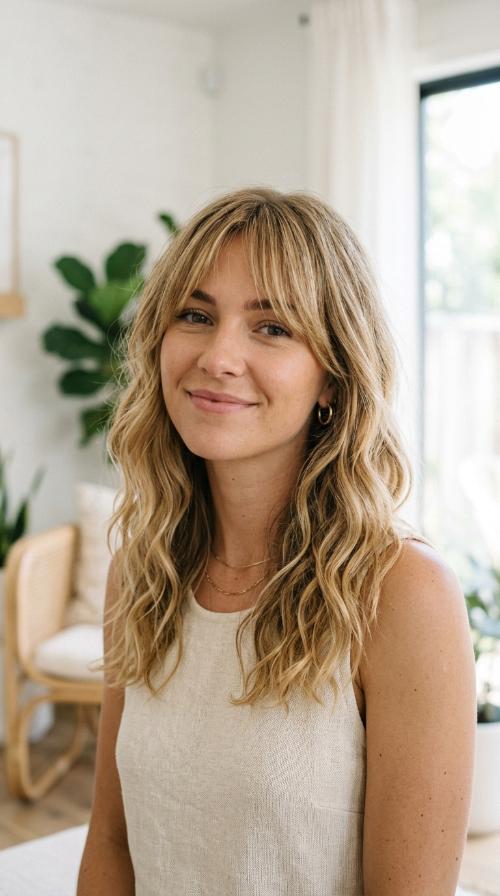 Beachy Waves with Sun-Kissed Bangs