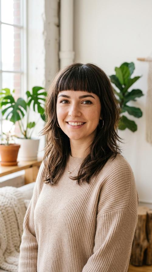 Blunt Bangs with Textured Shoulder-Length Layers
