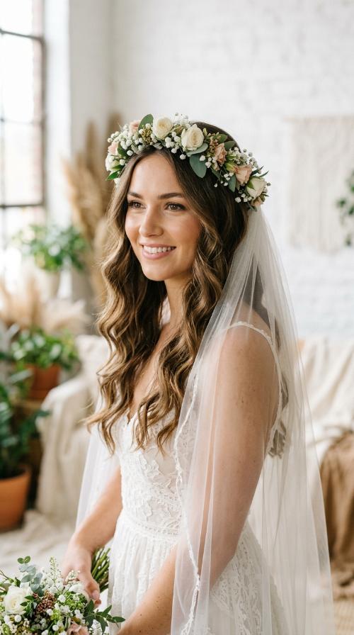 Bohemian Loose Waves with Flower Crown and Veil