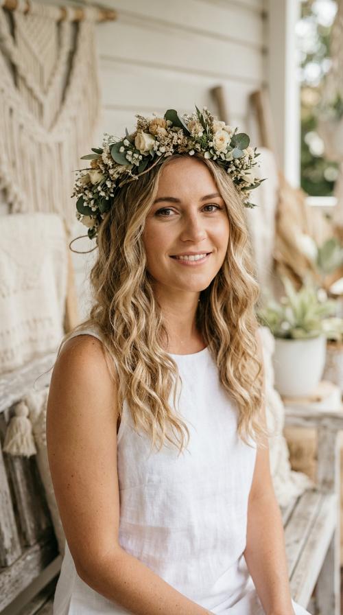 Boho Beachy Waves with Floral Crown