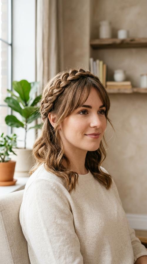 Braided Crown with Soft Side-Swept Fringe